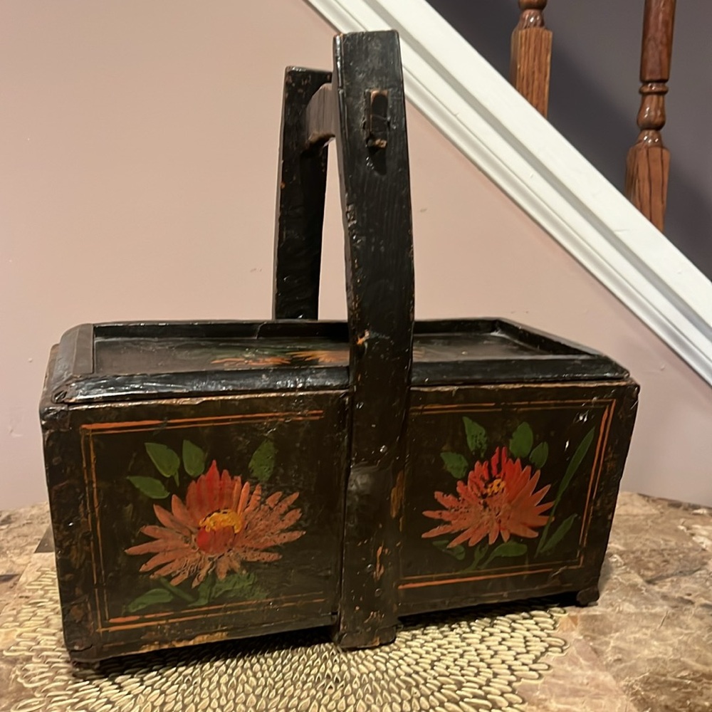 Vintage Hand Painted Wood Basket Box with Lid & Handle